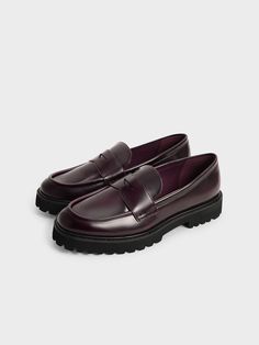 Burgundy Chunky Penny Loafers - CHARLES & KEITH US Modern Platform Loafers With Brogue Detailing For Business, Modern Platform Loafers With Brogue Detailing For Office, Modern Brogue Platform Loafers For Office, Semi-formal Flat Heel Loafers For Fall, Business Casual Slip-on Platform Loafers With Brogue Detailing, Formal Lug Sole Moccasins For Fall, Elegant Business Casual Loafers With Lug Sole, Elegant Workwear Moccasins With Lug Sole, Office Slip-ons With Lug Sole