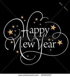 happy new year greeting card with stars and swirls on black background stock photo - image