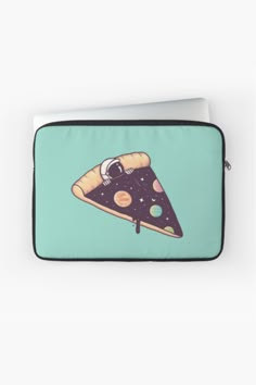 a laptop sleeve with a slice of pizza on it's side and space in the background