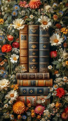 a painting of books and flowers on a table