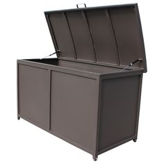 an open storage box with wheels on the bottom and sides, in dark brown color