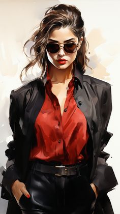 a painting of a woman wearing sunglasses and a red shirt with black leather pants, standing in front of a white wall