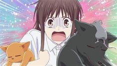 an anime character holding a cat in front of her face and looking at the camera