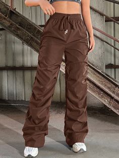 Women's Fall Blokecore Casual Side Drawstring Waist Parachute Cargo Brown Pants Brown Casual   Woven Fabric Plain Wide Leg Non-Stretch  Women Clothing, size features are:Bust: ,Length: ,Sleeve Length: Brown Parachute Pants, Cargo Pants Brown, Parachute Cargo Pants, Parachute Cargo, Fall Pants, Pants Brown, Brown Pants, Outdoor Life, Womens Fall