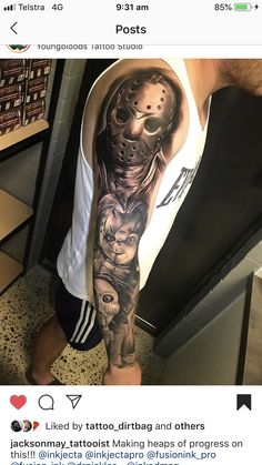 a man with a tattoo on his arm and the image of a hockey goalie