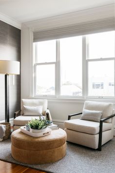 a living room with two chairs and a coffee table in front of a large window