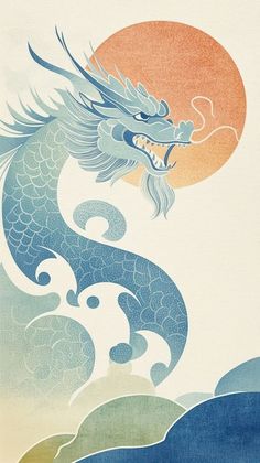 a painting of a dragon flying in the sky over water with waves and sun behind it