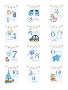 This digital download of monthly milestone cards is an adorable way to capture your little one each month during their first year of life! All you have to do is download and print to add the perfect prop to your monthly photos. Baby Month Stickers, Shower Balloons, Baby Layouts, Kids Schedule, Birth Cards, Month Stickers