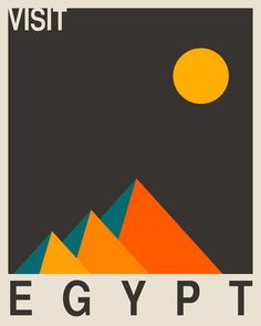 an egyptian poster with the words visit egypt in black and orange, against a dark background