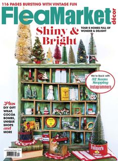 the front cover of flea market magazine with christmas trees and other items on it's shelf