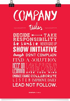 a red poster with the words company rules written in white on it, and an image of