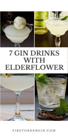 gin drinks with elderflower in them and the title overlay reads, 7 gin drinks with elderflower