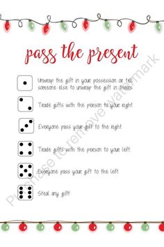 a christmas card with the words pass the present on it and dices in front