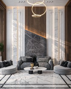 an elegant living room with marble floors and walls, along with two round couches