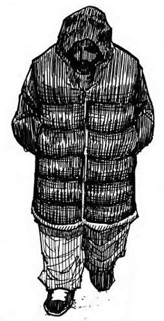 a drawing of a person wearing a jacket and pants, standing in front of a white background