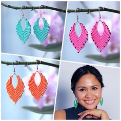 four pictures of different types of earrings hanging from a branch with flowers in the background