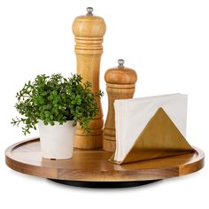 a potted plant sitting on top of a wooden tray next to two salt and pepper shakers