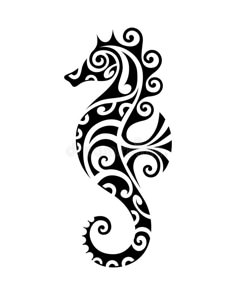 a black and white silhouette of a seahorse on a white background with swirls