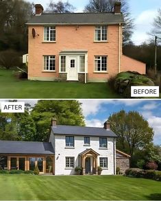 before and after photos of a house in the middle of an open field with grass