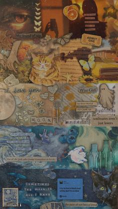 an altered collage with cats and other things on it's side, including books