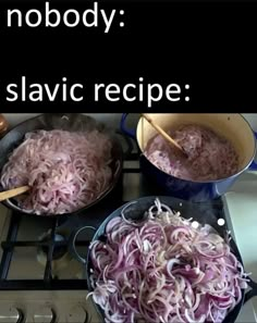 two pans filled with food sitting on top of a stove next to each other