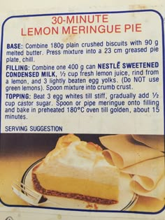 the label for lemon meringue pie on a plate