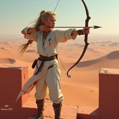 a woman with long hair holding a bow and arrow in her hands while standing on top of a wall