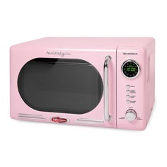 a pink microwave oven with the door open