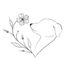 a black and white drawing of a dog smelling a flower