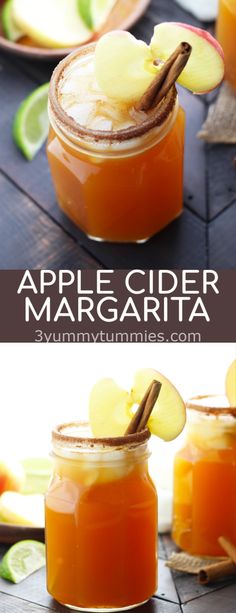 an apple cider margarita is garnished with sliced apples and cinnamon in a mason jar