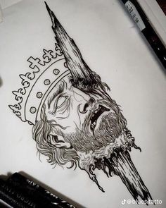 a drawing of jesus with the word jesus on it's forehead and an arrow in his mouth