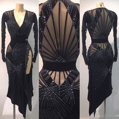 three different views of the back of a black dress with sequins on it