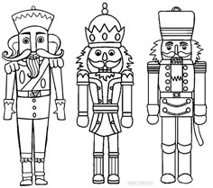 three nutcrackers are lined up and ready to be colored