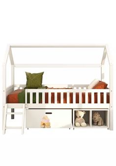 a white bunk bed with two drawers underneath it and stuffed animals on the bottom shelf