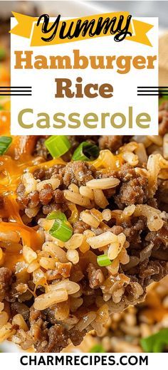 hamburger rice casserole on a plate with green onions and carrots in the background