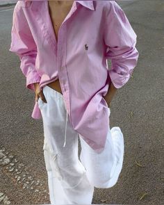 Pink And White Shirt Outfit, Pink Button Up Outfit, Pink Shirt Outfit, Linen Pants Outfit, Stile Hijab, Mode Inspo, 가을 패션, Pink Outfit, Mode Inspiration