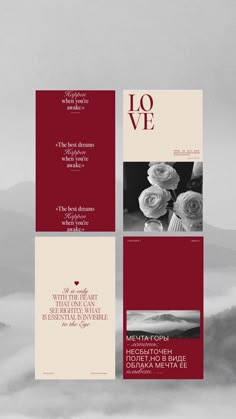 three different types of brochures with the words love in red, white and black