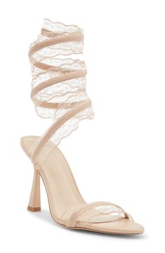 Lace-embellished straps sweeten a coiled wrap sandal lifted by a flared stiletto heel for chic style. 3 3/4" heel Textile and synthetic upper/synthetic lining/rubber sole Imported Cream Lace-up Sandals With Wrapped Heel, Elegant Beige Lace-up Sandals With Heel Strap, Beige Evening Lace-up Sandals With Ankle Strap, Cream Lace-up Synthetic Heels, Beige Lace-up Synthetic Sandals, Marc Jacobs Handbag, Angel Costume, Wrap Sandals, Slippers Cozy