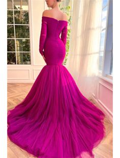 Mermaid Christmas Red Green Dress Evening Gown Elegant Dress Wedding Guest Wedding Party Court Train Long Sleeve Off Shoulder Tulle with Ruched Fuschia Wedding Dress, Hollywood Prom, Spell Dress, Robe Fuchsia, Fuschia Wedding, Red Green Dress, Off Shoulder Tulle, Teuta Matoshi, Chic Evening Dress