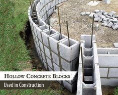 concrete blocks are being constructed in the middle of a field with text overlay that reads hollow concrete blocks used in construction