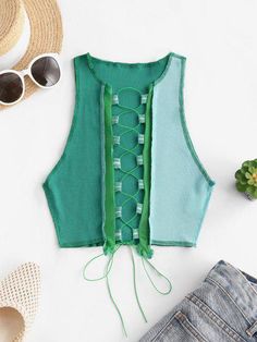 [26% OFF] 2021 Mesh Panel Reverse Stitching Lace Up Two Tone Tank Top In GREEN | ZAFUL Reworked Clothes, Patch Shirt, Patchwork Top, Romper With Skirt, Mesh Panel, Gray Green, Online Clothing Stores, Knitting Designs