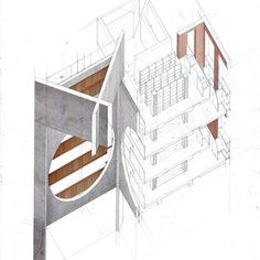 an architectural drawing of a building with stairs and balconies on the outside wall