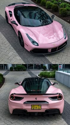 the pink sports car is parked on the side of the road