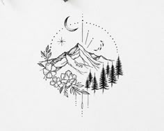 a drawing of mountains and trees with the moon in the sky above them on a sheet of paper