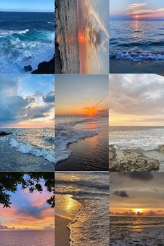 multiple pictures of the ocean and sky at different times of day, including sunsets