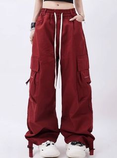 ❤︎Red & Black American Cool Loose-Dropped Pants❤︎ ⚠Please allow 2 weeks for️product to be shipped Unit(CM) Length Waist Hips S 102 64 110 M 104 68 118 L 106 72 122 XL 108 76 126 Cute Red Clothes, Red Grunge Clothes, Cherry Red Clothes, Red Clothing Aesthetic, Red And Black Clothes, Red Cargos, Black And Red Pants, 90s Fashion Inspiration, Cool Pants Outfit