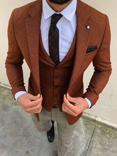 Slim-Fit Suit Vest Camel-baagr.myshopify.com-suit-BOJONI Brown Suits For Men, Best Suits For Men, Suit Combinations, Suits Casual, Suit Material, Mens Fashion Photography, Shirt Tucked In, Brown Suits