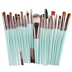 an assortment of makeup brushes in various sizes and colors, including one with a black handle