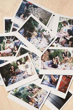 several polaroid photos of people sitting at a table with food and drinks on it