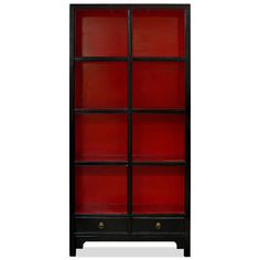 a black and red bookcase with four shelves on one side and two drawers on the other